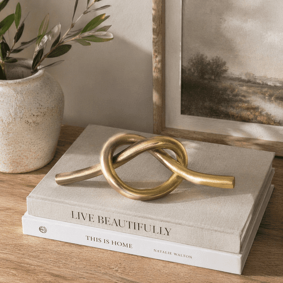 Metal Knot Sculpture Figurine for Home and Bathroom Decor - Aluminum Decorative Object for Office and Entryway Display - Ornament for Living Room, Shelf and Coffee Table Styling- 3", Gold