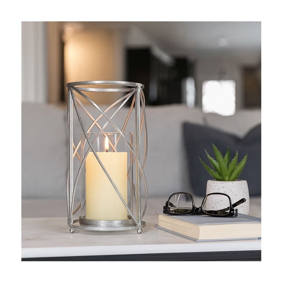 Sculptural Metal Hurricane Candle Holder for Table Centerpiece - Decorative Pillar Candlestick Holder for Home Decor Accents - Elegant Candle Stand for Entryway or Any Occasion - 13", Silver