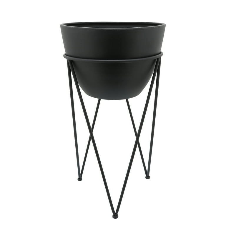 Sagebrook Home 14x14 Ridges Iron Planter Pot with Metal Stand Black