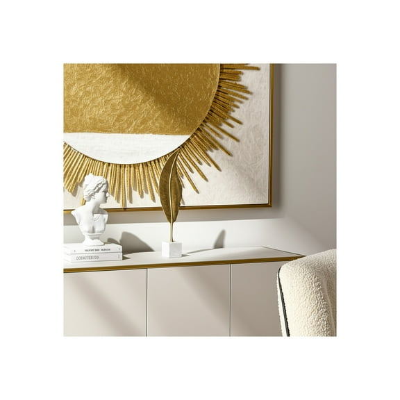 Feather Sculpture Decor - Elegant Metal & Marble Statue - Glam Artwork for Home, Office, Bedroom & Living Room - 28" Gold