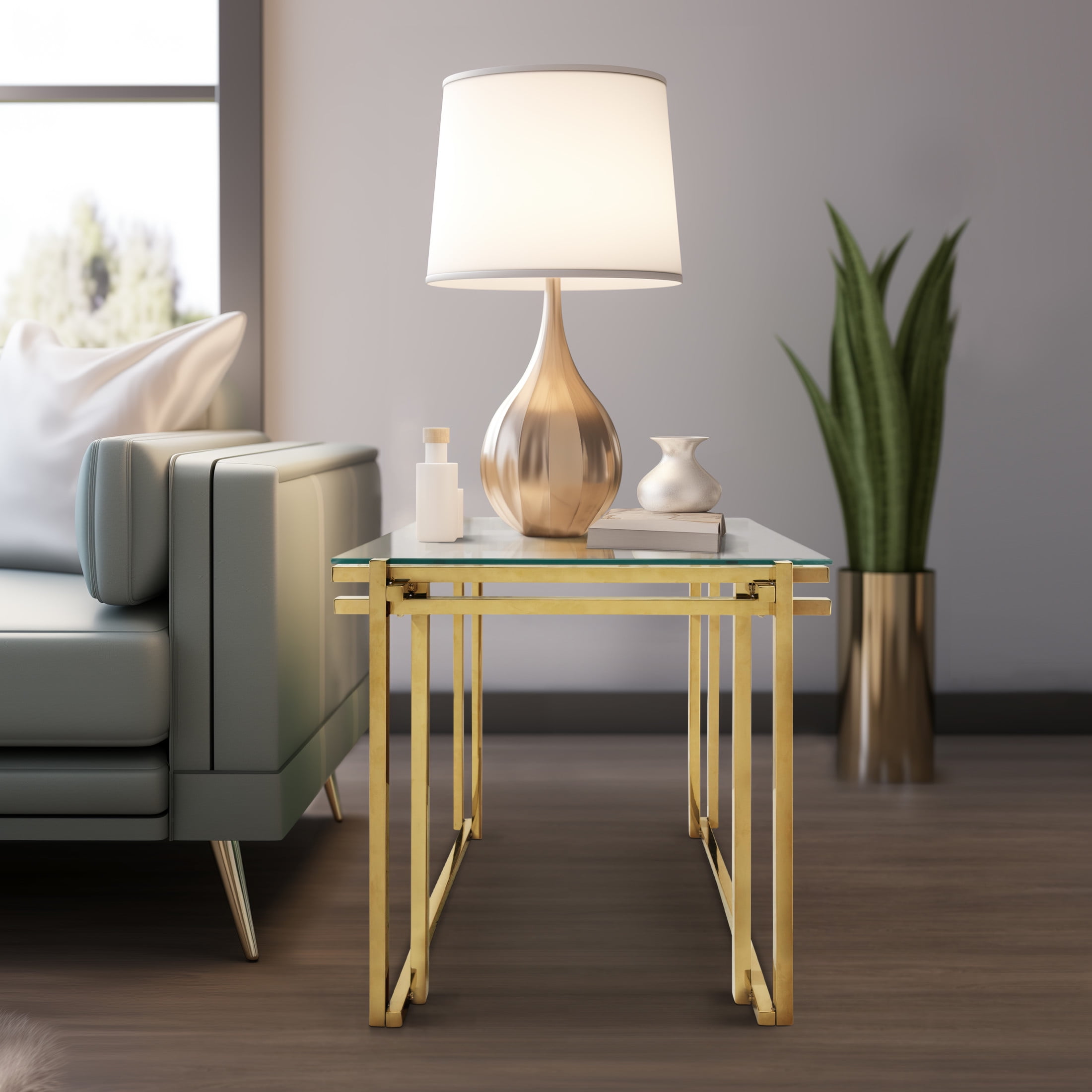 Elegant Gold Stainless Steel and Clear Glass Square Side Table