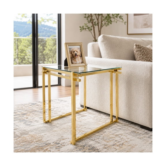 Square End and Side Table for Small Spaces - Glass Top with Metal Frame for Living Room Styling and Bedroom Decor - Modern Home Night Stand or Bedside Drink Table for Room Display - 24", Gold