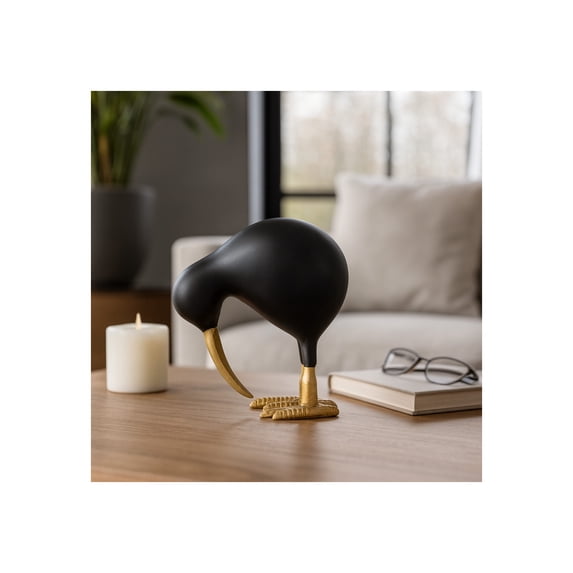 Decorative Kiwi Bird Sculpture Accent for Home Decor - Ornaments for Bathroom, Office, and Living Room Display - Modern Metal Figurine for Shelf or Coffee Table Styling - 8", Black & Gold