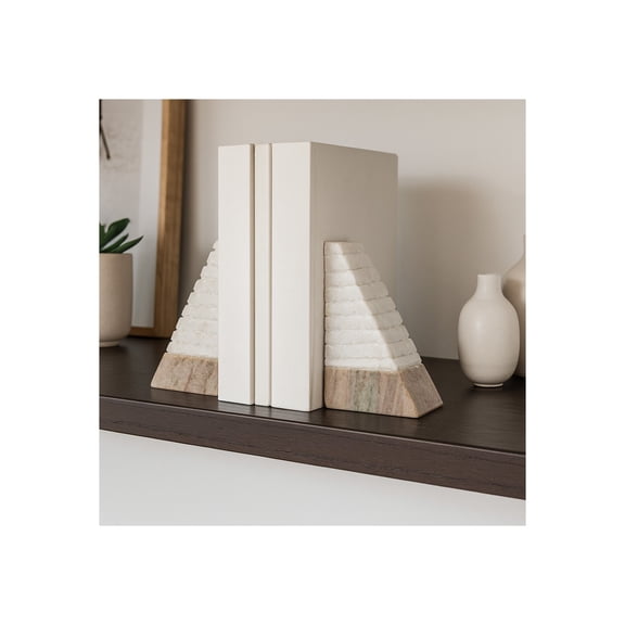 Decorative Two Tone Pyramid Marble Bookends - Modern Book Ends for Bookshelf Decor and Book Accessories - Versatile Decor Accent for Office, Desk Decor, and Home Library - Set of 2, 6", White & Tan