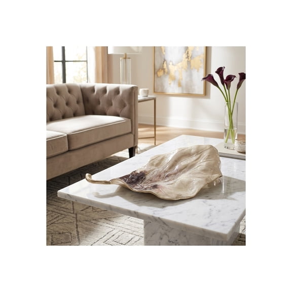 Metal Leaf Shape Table Decoration for Home Decor - Decorative Tray for Bedroom Nightstand, Jewelry, and Trinkets - Modern Glam Accent for Living Room Coffee Table - 20", Ivory & Gold