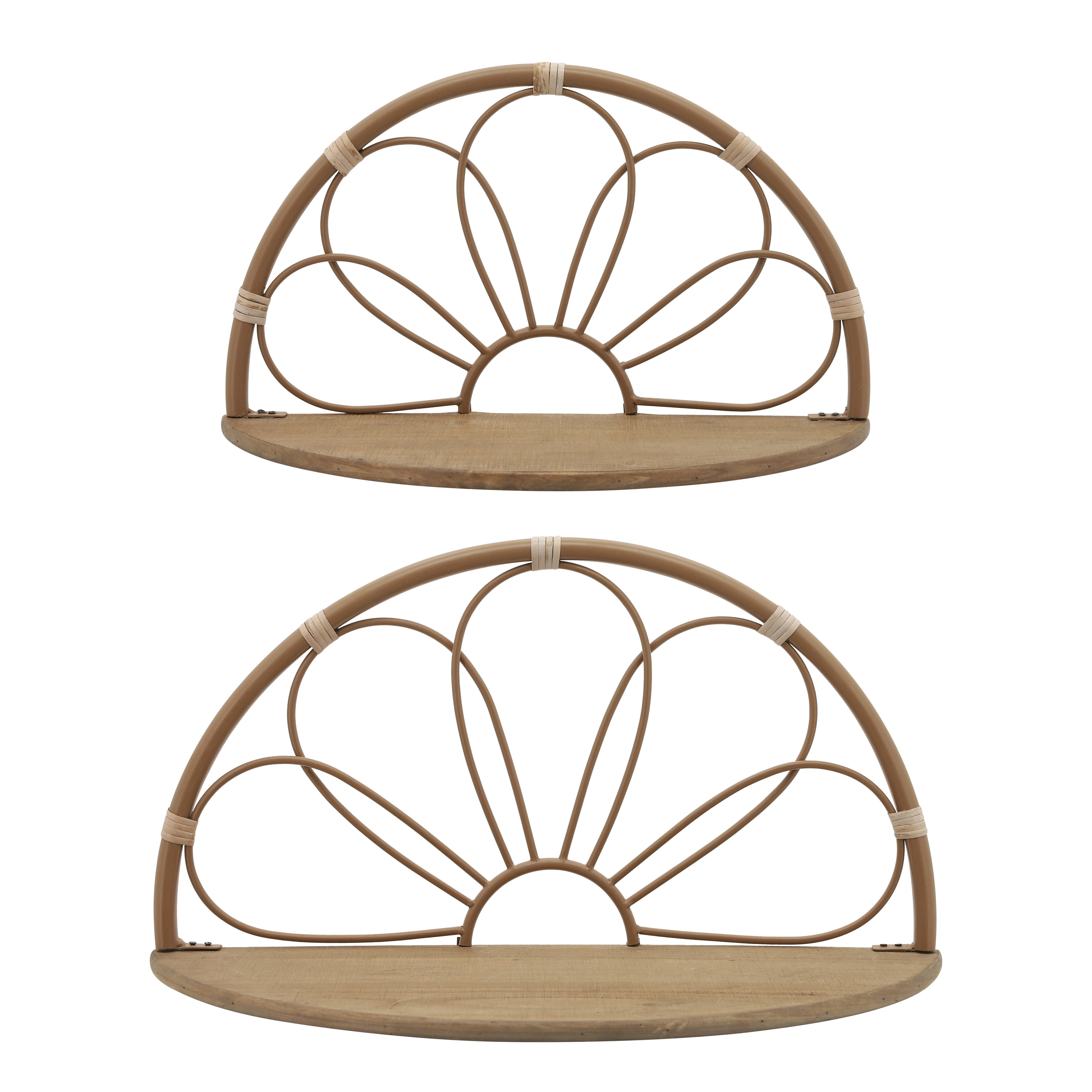 Contemporary Arched Brown Iron Flower Wall Shelves, Set of 2