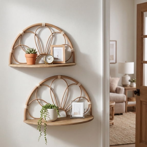 Arched Flower Wall Shelves for Living Room Decor - Elegant Boho Wall Organizer for Office, Bedroom, and Entryway Styling - Decorative Storage for Home Decor - Set of 2, 13", 11", Brown