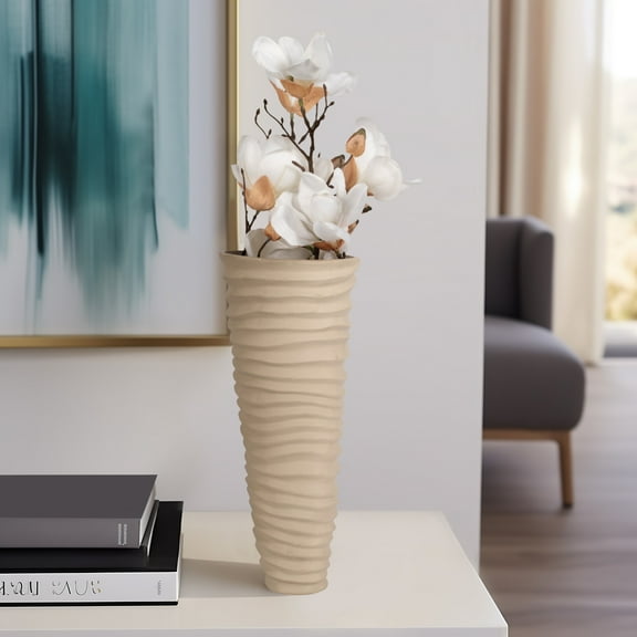Stylish Metal Vase - Aluminum Wave Texture - Glam Decorative Accent for Home, Office, Bedroom & Living Room - 15" Ivory & Tan