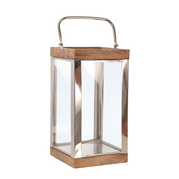 Sagebrook Home Metal /Wood 14" Lantern, Silver, Square, Wood, Transitional, 8"L X 8"W X 14"H, Solid Color