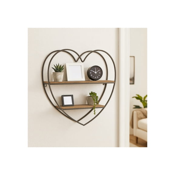 Heart Wall Mounted Shelf with Wood Shelves and Metal Frame for Home Decor - 2-Tier Hanging Storage Organizer for Living Room, Bedroom, Office or Entryway - Wall Shelf for Books - 20", Black & Brown