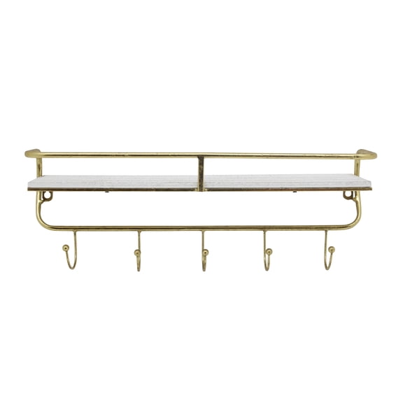 Sagebrook Home Metal/Wood 20" 5 Hook Wall Shelf, White/Gold