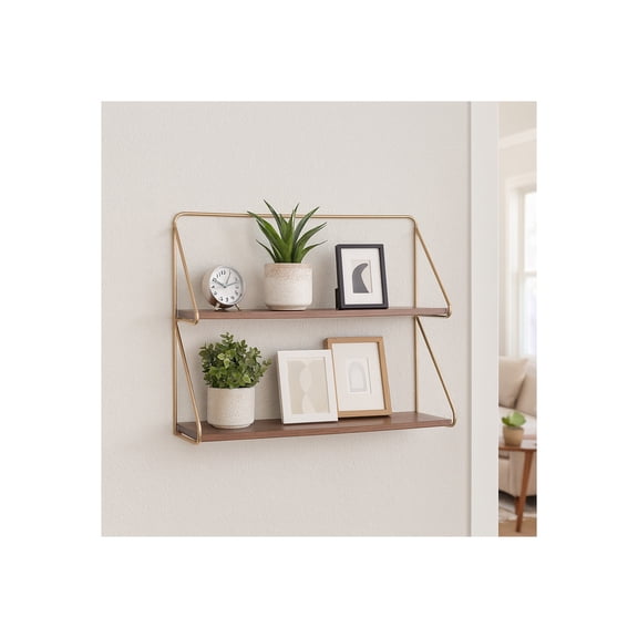 Sagebrook Home Metal & Wood Wall Storage Shelf - 2-Tier Floating Shelves with Gold Iron Frame, Pine Wood Shelves for Home, Office, Bedroom, Living Room - Modern Wall Decor - 20" Gold & Wood