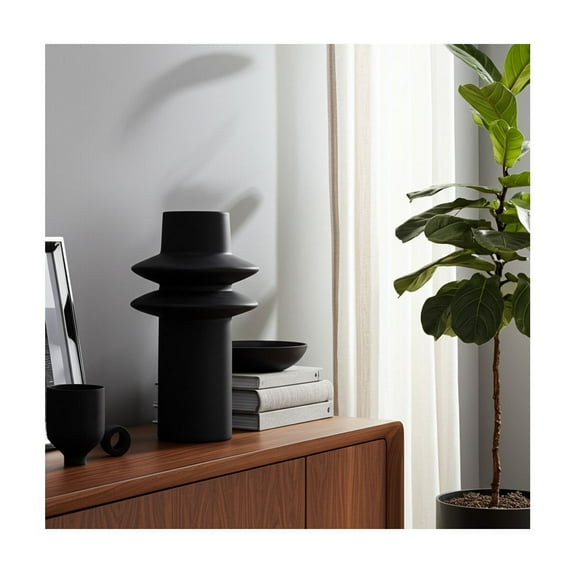 Modern Sculptural Vase Stoneware Woven Synthetic Wicker Ceramic Decorative Accent Rounded Neck Contemporary Single Form Display Piece