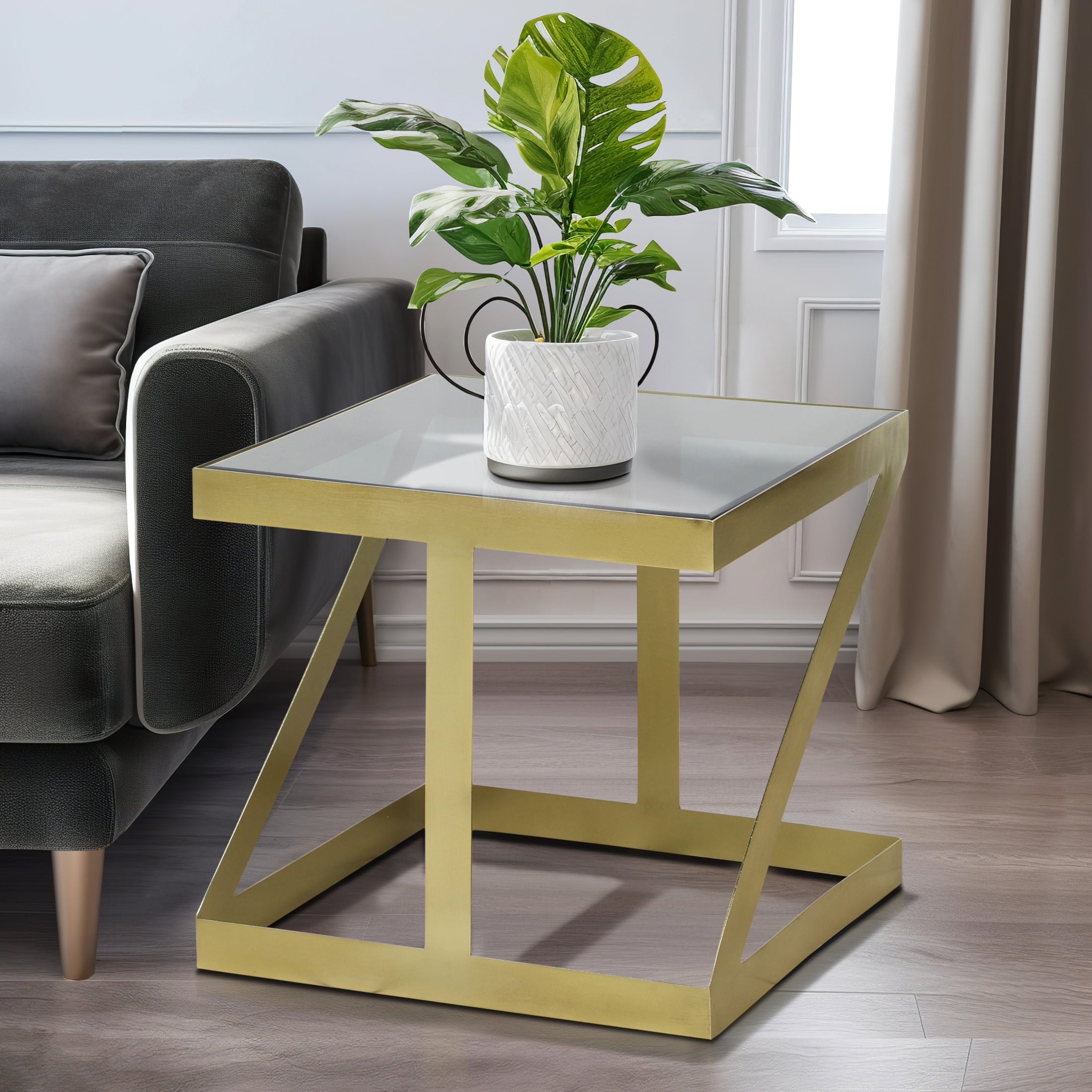 Gold and Black 22" Metal and Glass Square Side Table