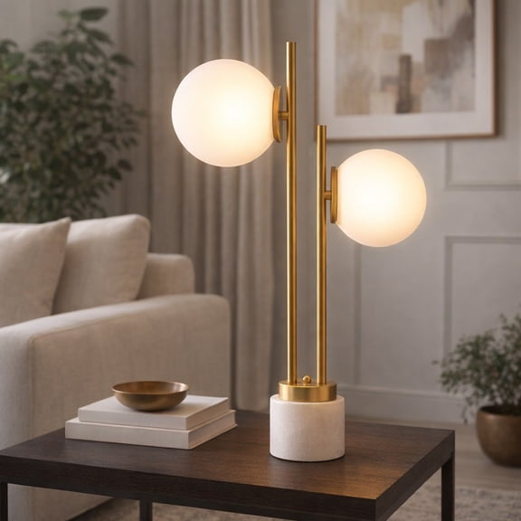 Modern Brass and Glass Table Lamp for Home Decor - Decorative Double Globe Lamp for Living Room, Office, and Desk - Accent for Bedroom Nightstand and Bedside Styling - 23", Gold & White