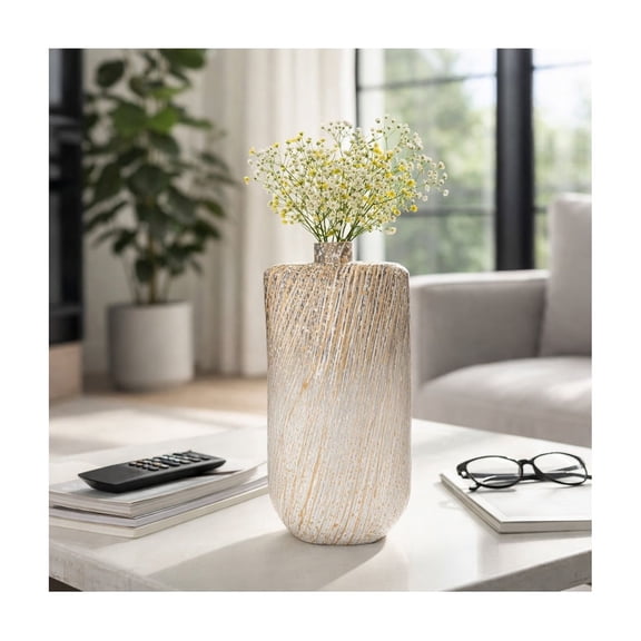 Modern Striped Glass Vase for Living Room Decor - Home Decor Accents with Warm Stained Detail - Decorative Flower Vase for Room, Bedroom, House, Office, and Table Display - 16", Ivory & Tan