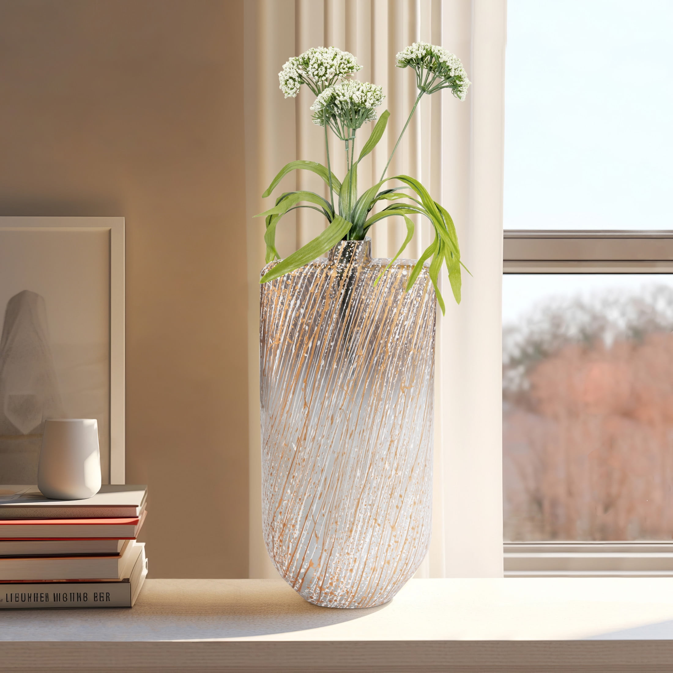 16" Multi-Color Striped Glass Vase with Gold Accents