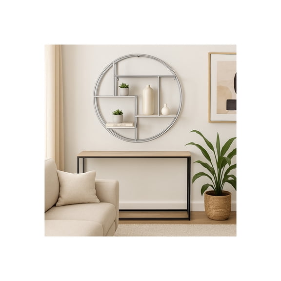 Elegant Wall Hanging Storage Organizer for Living Room Decor - Round Wall Mounted Shelf for Entryway Display - Metal Frame Accent for Bedroom and Office Spaces - 32", Silver & Metallic