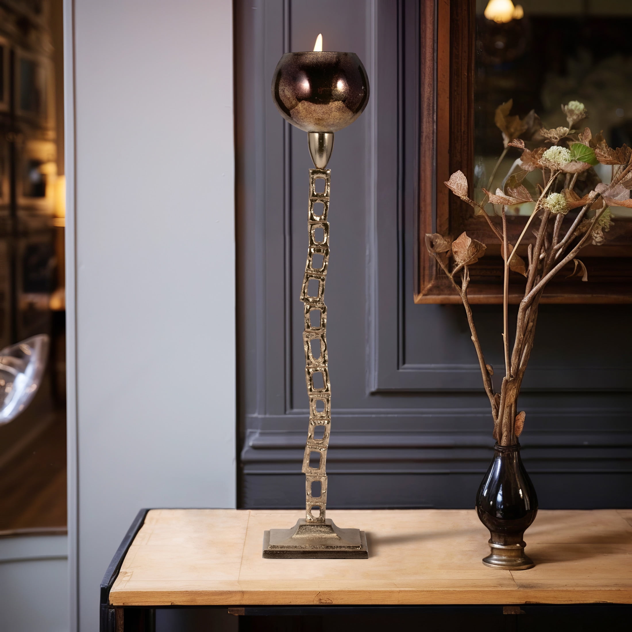 Tall Gold Aluminum and Glass Tabletop Candle Lantern