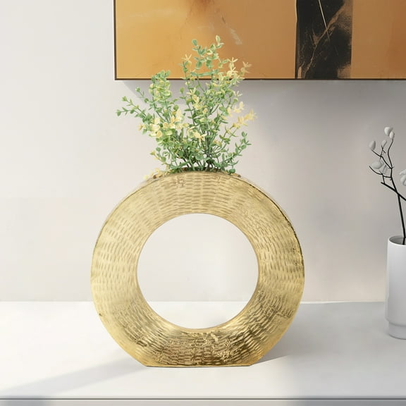 Metal Vase - Hammered Aluminum Decorative Flower Holder, Modern Round Cut-Out Design for Home, Office & Living Room - Elegant Table Vase, Metallic Finish - 11" Gold