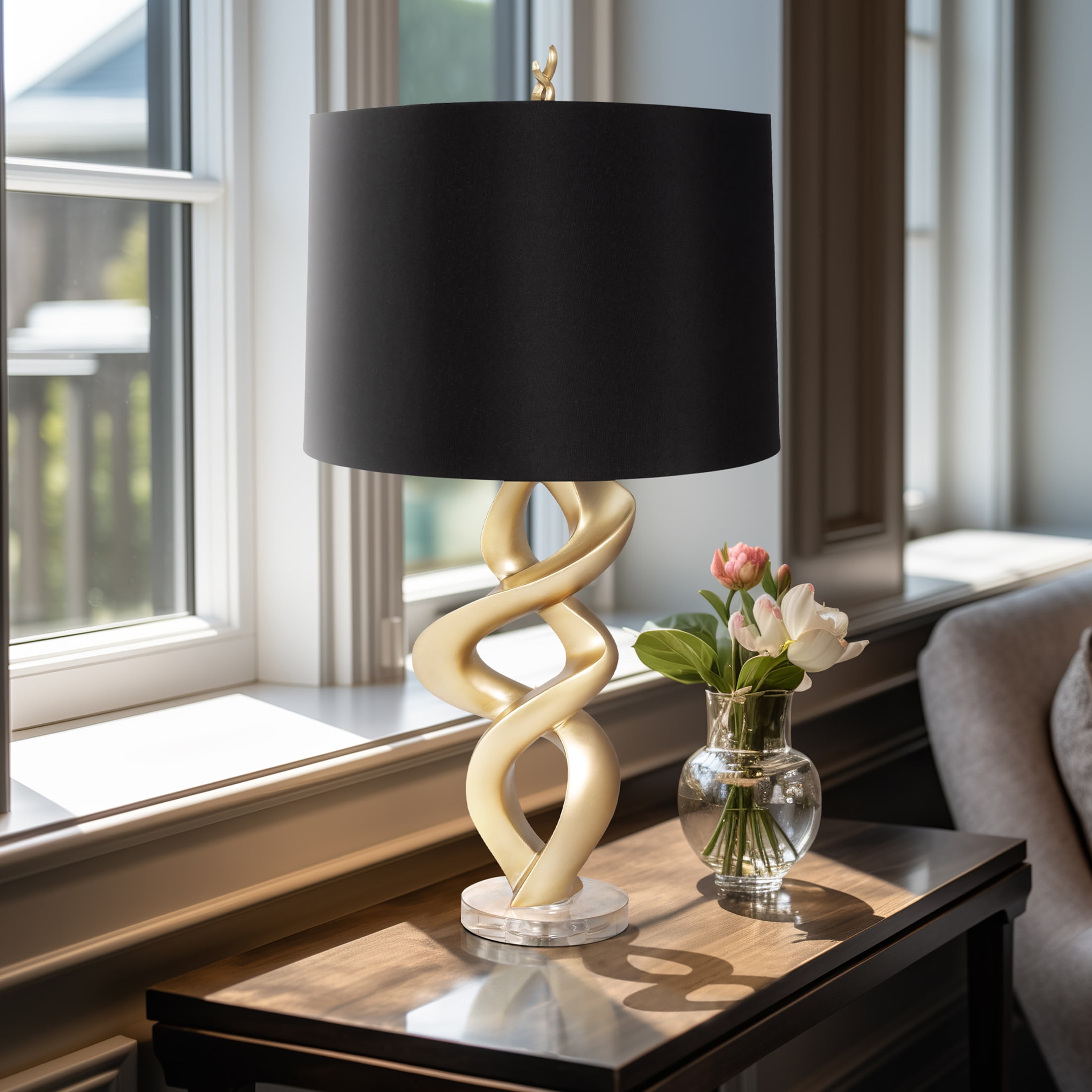 Gold Swirl Resin Table Lamp with Black Linen Shade