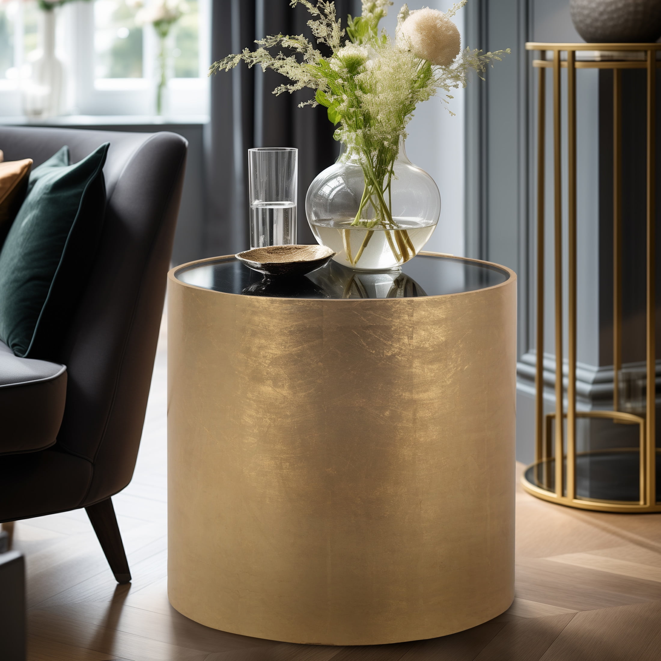 Gold and Black Glass Round Wood Side Table, 24"