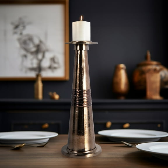 Modern Taper Candle Holder - Glass & Aluminum Pillar Stand for Home, Office & Bedroom - Elegant Metallic Accent Piece for Living Room Decor - 19" Bronze & Copper