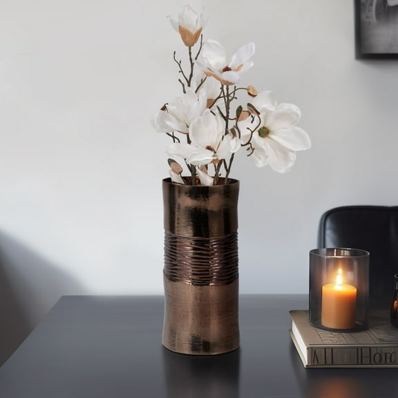 Modern Glass Vase - Elegant Textured Design - High-Quality Glass - Decorative Home & Office Accent - Ideal for Living Room, Bedroom, Desk, Table Centerpiece - 11" Bronze & Copper