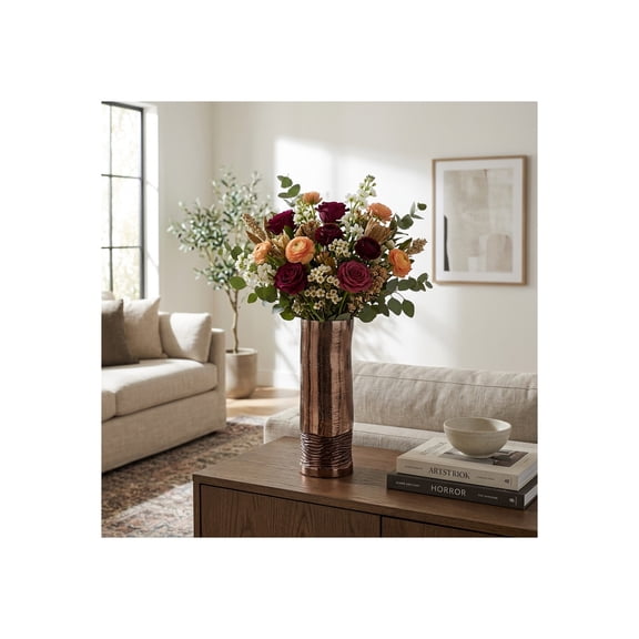 Cylinder Textured Glass Vase for Living Room Decor - Decorative Flower Vase for Home Office Styling - Modern House Accent for Bedroom and Table Decoration - 14", Bronze & Copper