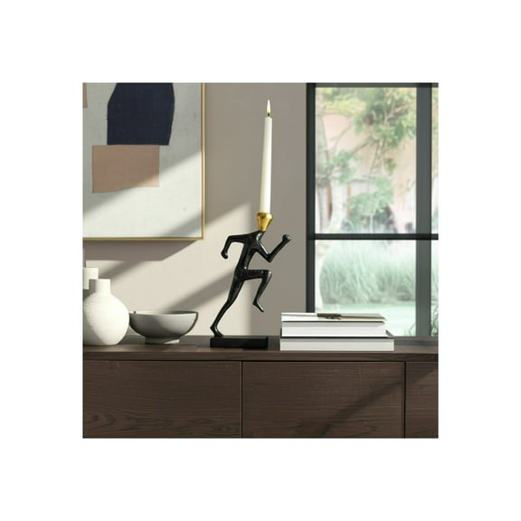 Modern Metal Taper Candle Holder - Decorative Running Man Design - Aluminum & Wood - Contemporary Home & Office Accent Decor  - 15" Gold