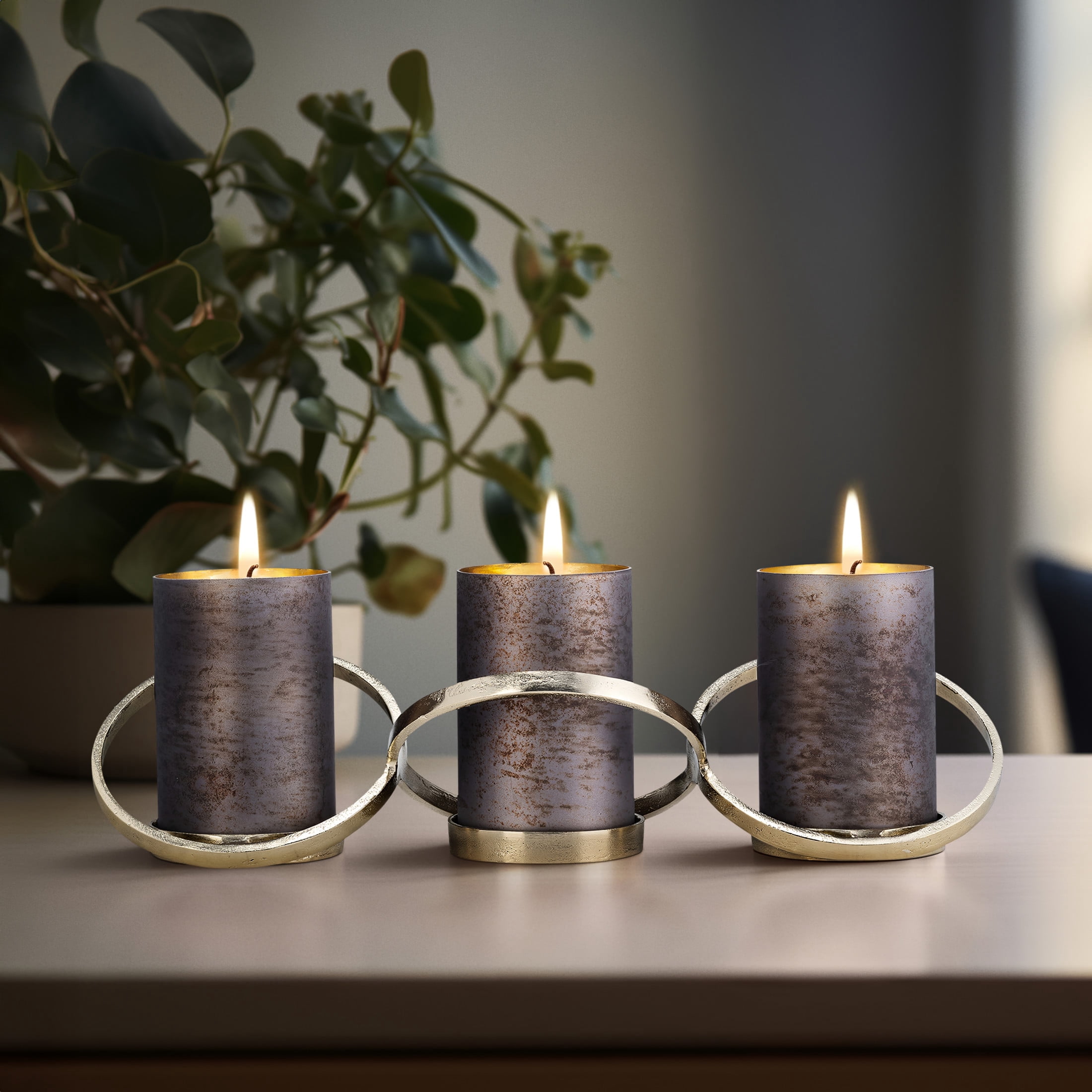 Modern Glass & Metal Pillar Candle Holders Set of 3 - Gold Abstract ...