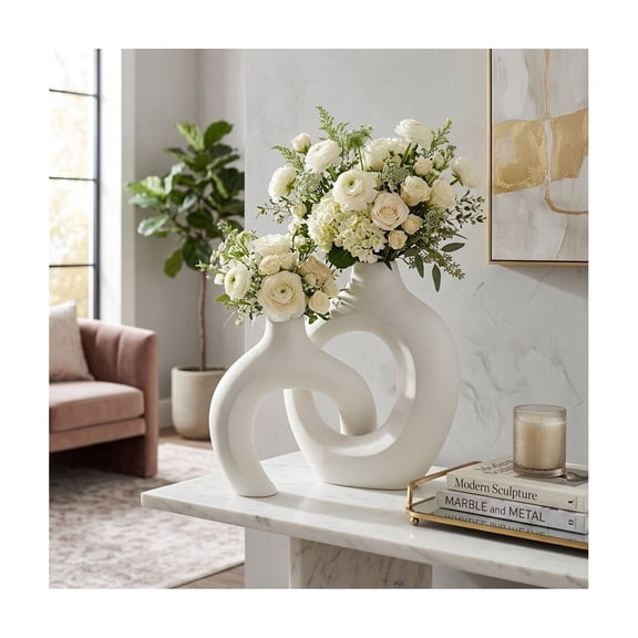 Abstract Interlocking Vase for Home Living Room Decor - Ceramic Flower Vase for Bedroom Or Office Table Display - Stoneware Accent Detailing for House Dining Room - Set of 2, 13", 11", White