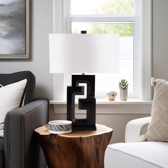 Sagebrook Home Modern Neutral Wood, 27"H Geometric Black Table Lamp - 18" x 10" x 27"