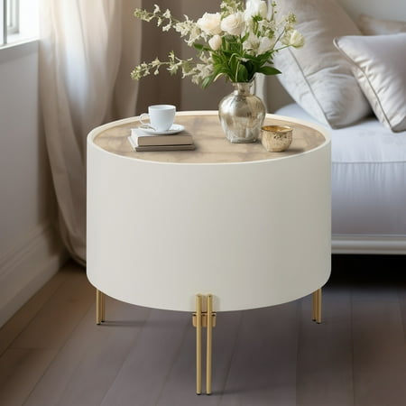 Sagebrook Home Modern Neutral Wood Gold Leaf Round Top Coffee and Accent Table