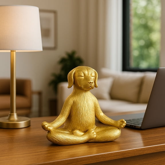 Seated Dog Figurine Sculpture for Home and Bathroom Decor - Meditation Statue for Office and Room - Glam Ornament Display for Living Room, Shelf and Coffee Table Decor - 7", Gold