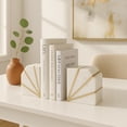 thumbnail image 1 of Geometric Book Ends for Home Decor - Modern Marble Bookends with Brass Inlay for Bookshelf Decor, Office, or Desk Accessories - Accent Display for Home Library - Set of 2, 5", White & Gold, 1 of 9