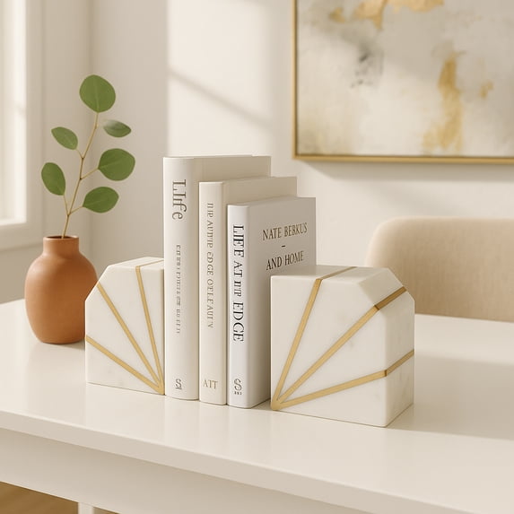 Geometric Book Ends for Home Decor - Modern Marble Bookends with Brass Inlay for Bookshelf Decor, Office, or Desk Accessories - Accent Display for Home Library - Set of 2, 5", White & Gold