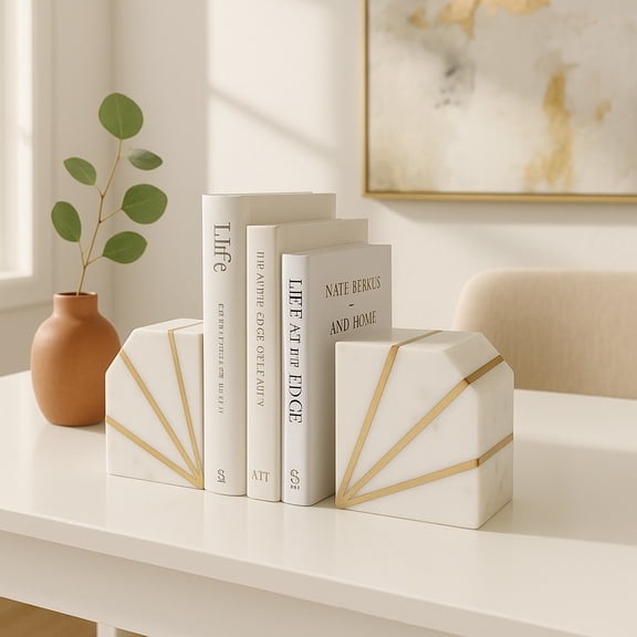 Geometric Book Ends for Home Decor - Modern Marble Bookends with Brass Inlay for Bookshelf Decor, Office, or Desk Accessories - Accent Display for Home Library - Set of 2, 5", White & Gold