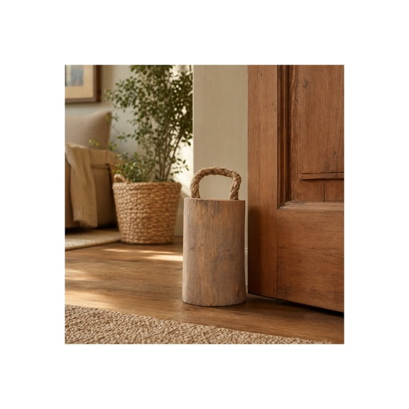 Cylinder Door Stopper for Home Decor - Teak Wood Decorative Object with Rope Handle for Shelf, Coffee Table, Living Room, Office or Bathroom Accents - Ornament Figurine for Hallway - 10", Brown