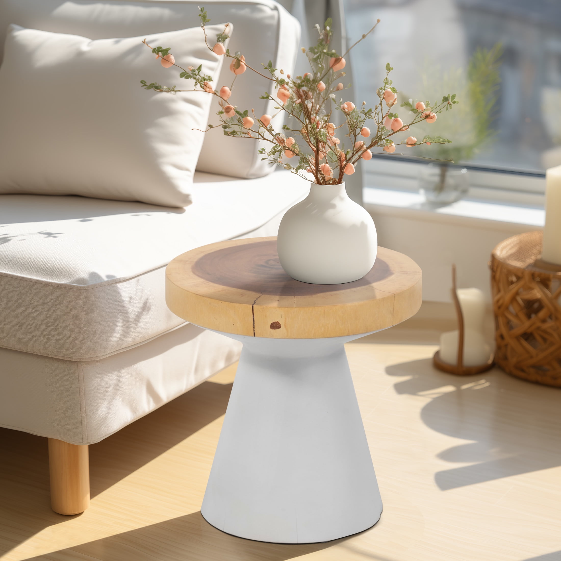16" Natural Suar Wood Round Accent Table with White Base