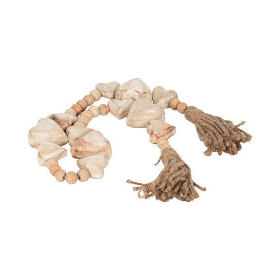 Sagebrook Home Neutral 38" Wood Heart Beaded Garland in White, Jute Tassels