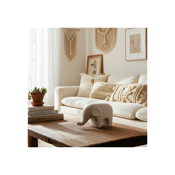 Modern Elephant Figurine Minimalist Design Stoneware Ceramic Boho Decor Home, Office, Bedroom, Living Room - 6" White