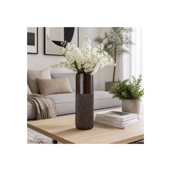 Ceramic Vase with Grooved Detail for Living Room Decor - Decorative Flower Vase for Table Centerpiece and Home Display - Modern House Accent for Bedroom and Office Decor - 18", Brown