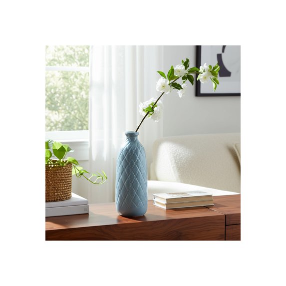 Ceramic Vase with Plaid Textured Pattern for Living Room Decor and Home Accent - Decorative Flower Vase for Room, Bedroom or Office Display - Elevate House and Table Decor Styling - 12", Blue