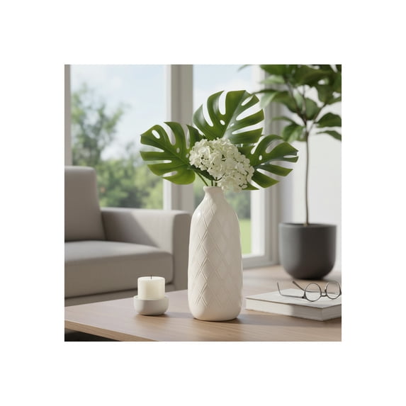 Ceramic Vase with Plaid Textured Pattern for Living Room Decor and Home Accent - Decorative Flower Vase for Room, Bedroom or Office Display - Elevate House and Table Decor Styling - 16", Ivory & Tan