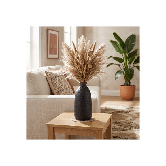 Ceramic Vase with Plaid Textured Pattern for Living Room Decor and Home Accent - Decorative Flower Vase for Room, Bedroom or Office Display - Elevate House and Table Decor Styling - 9", Black