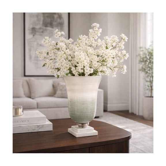Elegant Glass Vase on Marble Base for Living Room Decor - Decorative Flower Arrangement Vase for Table Display - Accent for Room , Bedroom, Home Office, or House Styling - 12", White & Green