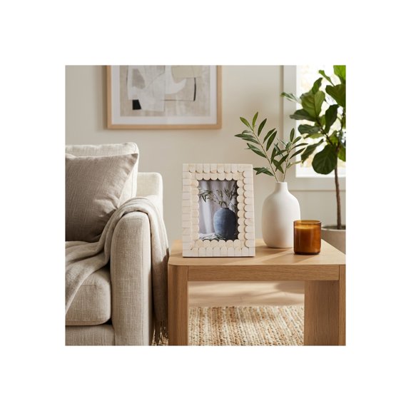 Rectangular Decorative Resin and Wood Photo Frame - Picture Frames for Pictures for Tabletop or Wall Display - Modern Textured Layered Design Detail and Casual Home Style - 9", Ivory & Tan