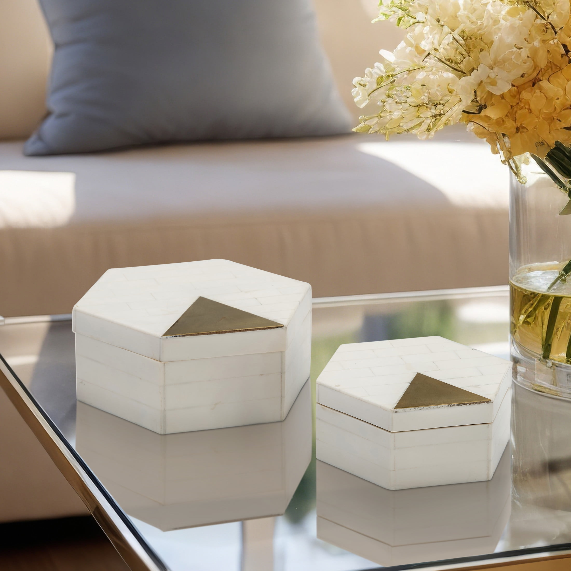 White and Gold Hexagon Resin Decorative Boxes with Brass Inlay, Set of 2