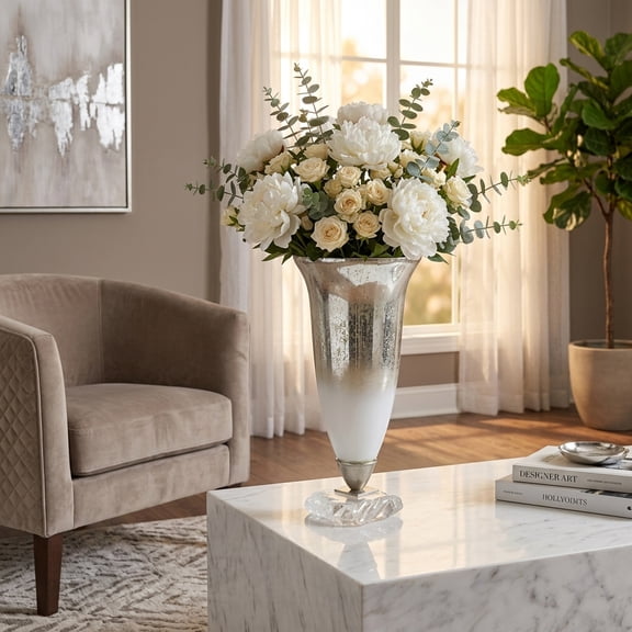 Glass Vase with Glam Metallic Finish, Elegant Aluminum and Glass, Modern Decorative Accent for Home, Office, Bedroom, or Living Room - 18" Silver